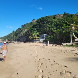 A couple of people walking on the beach